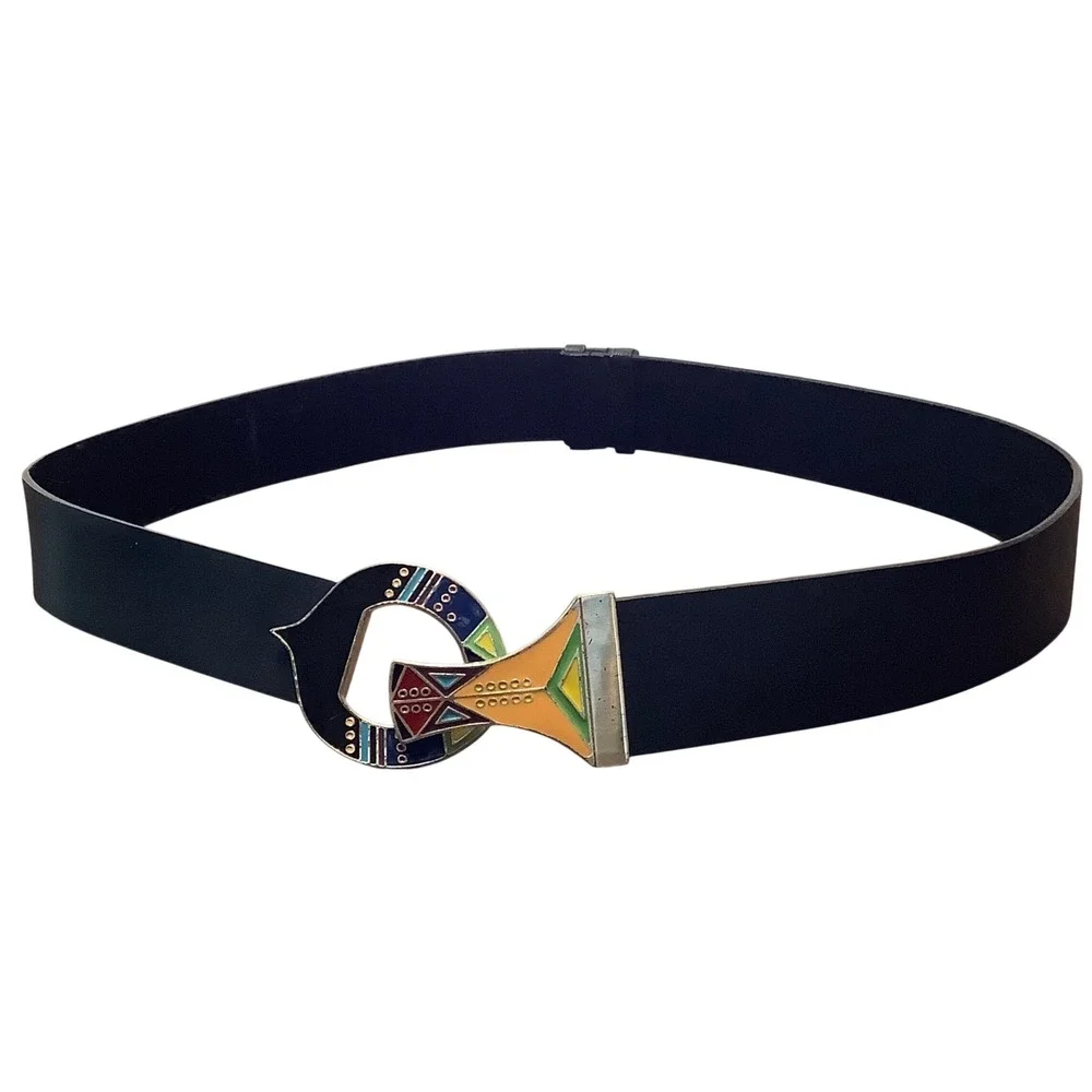 Vtg Chicos Black Leather Belt Geometric Enamel Buckle Multi Color Abstract M/L